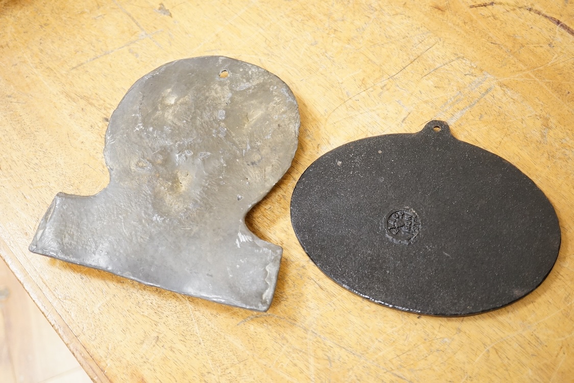 A reproduction Salop cast iron ‘The Iron Bridge 1779’ plaque together with a lead fire-mark, Salop Fire Office, latter 19cm high